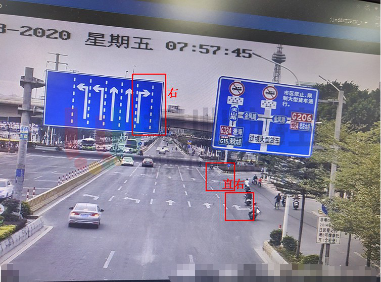 圖6 北進(jìn)口車(chē)道指示牌與地面車(chē)道標(biāo)線不一致